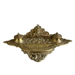 Vintage Brass Lion Head Victorian Empire Double Inkwell Stand Office Home Decor